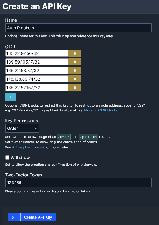 BitMEX API Key Creation Form with IP Addresses